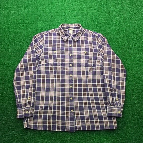 Duluth Trading Co Tops - Duluth Trading Shirt Womens Large Purple Tan Plaid Button Up Hiking Long Sleeve